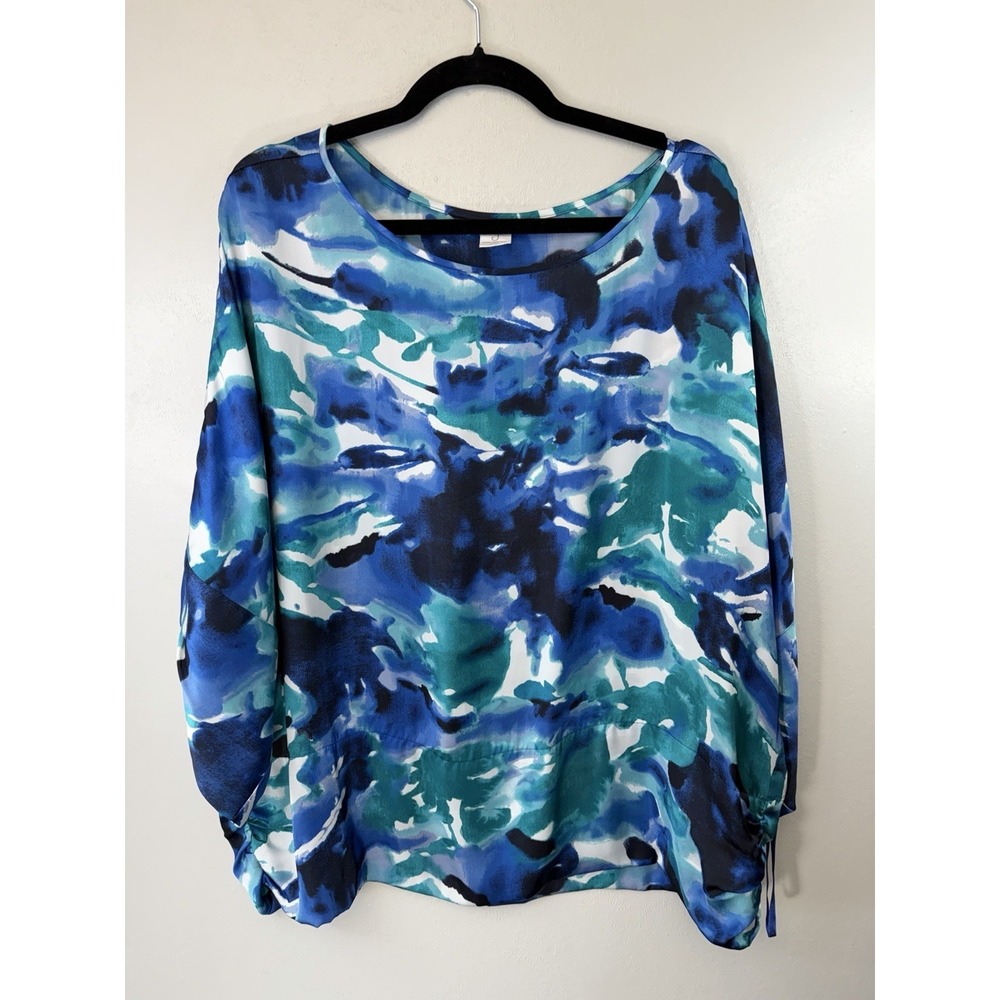 Jones Plus Size Royal Blues Watercolor‎ Blouse W Ruched Cuffs & Side Hem Size 2X